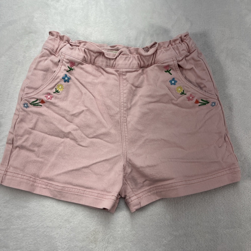 Mini Boden Denim Embroidered Shorts‎ Girls 10Y Pull On Elastic Pink Pockets